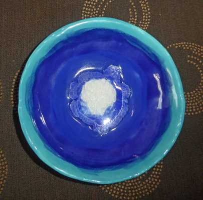 Blue green bowl with glass